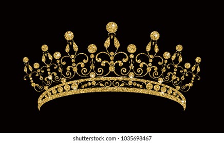 Glittering Diadem. Golden tiara isolated on black background. Vector illustration