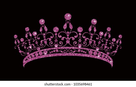Glittering Diadem. Pink purple tiara isolated on black background. Vector Illustration