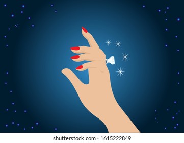 Glittering diamond ring on woman's finger. Isolated on gradient blue background Vector Illustration. Idea for love, wedding, marriage proposal and Valentine's day concept.