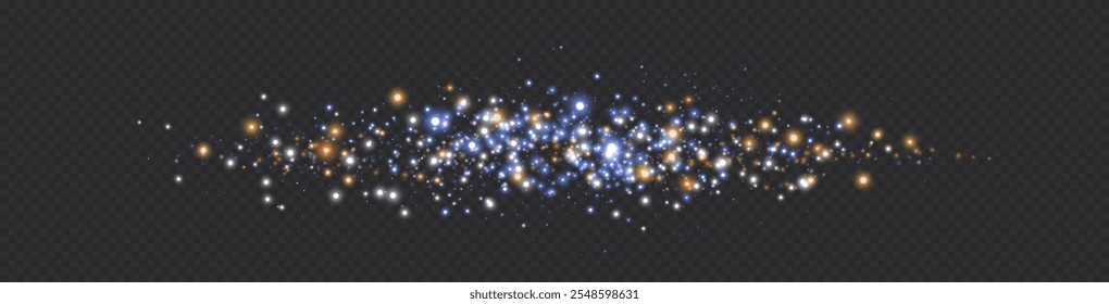 Puntos brillantes, partículas, estrellas, chispas mágicas. Efecto de luz de destello brillante. Puntos luminosos azules, plateados, anaranjados. Partículas de Vector sobre fondo transparente. 