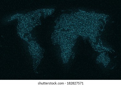 Glittering dotted world map on black background.