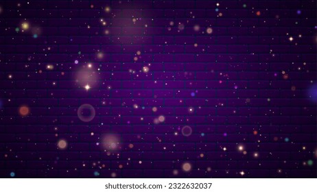 Glittering fairy dust particles. Purple sparks and stars shine with a special light effect on a brick background.