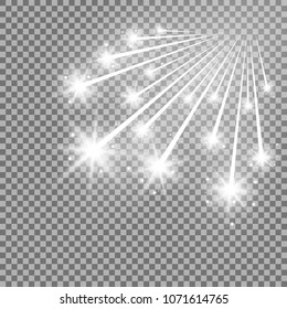 Glittering falling stars, glowing comet on transparent background, light effect, white color