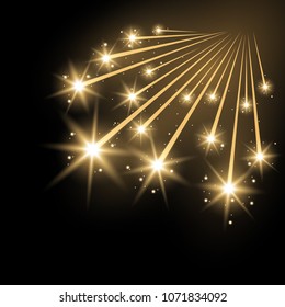 Glittering falling stars, glowing comet on black background, light effect, golden color