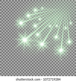 Glittering falling stars, glowing comet on transparent background, light effect, green color