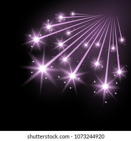 Glittering falling stars, glowing comet on black background, light effect, purple color