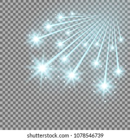 Glittering falling stars, glowing comet on transparent background, light effect, aqua color
