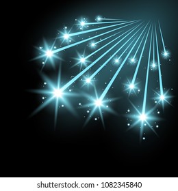 Glittering falling stars, glowing comet on black background, light effect, aqua color