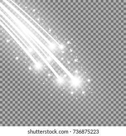 Glittering falling stars, glowing comet on transparent background, white color