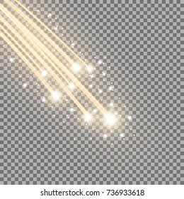 Glittering falling stars, glowing comet on transparent background, golden color