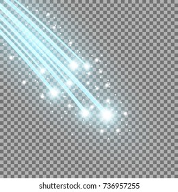 Glittering falling stars, glowing comet on transparent background, aqua color