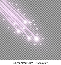 Glittering falling stars, glowing comet on transparent background, purple color
