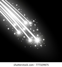 Glittering falling stars, glowing comet on black background, white color