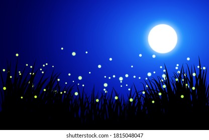 Glittering fireflies flying above the grass at night with full moon
