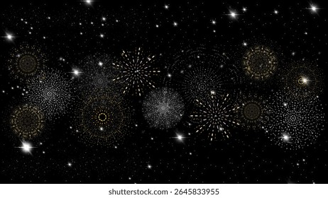 Glittering fireworks burst across a deep black starry night sky. A luxurious and festive background perfect for New Year, holiday celebrations, Diwali, or elegant night events and invitations.