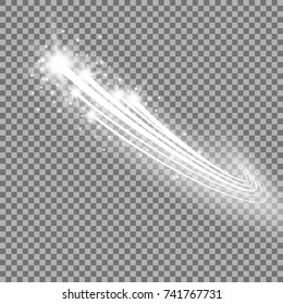 Glittering flying comet, glowing comet on transparent background, white color
