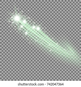 Glittering flying comet, glowing comet on transparent background, green color
