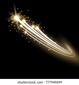 Glittering flying comet, glowing comet on black background, light effect, golden color