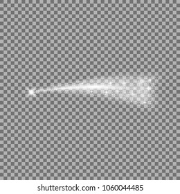 Glittering flying comet with star dust, glowing comet on transparent background, white color