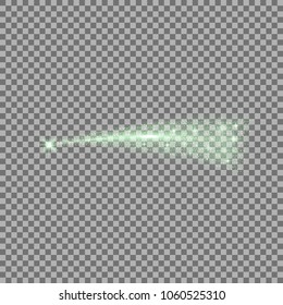 Glittering flying comet with star dust, glowing comet on transparent background, green color