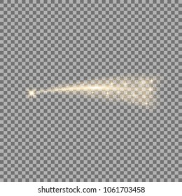 Glittering flying comet with star dust, glowing comet on transparent background, golden color