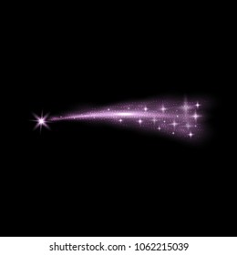 Glittering flying comet with star dust, glowing comet on black background, purple color