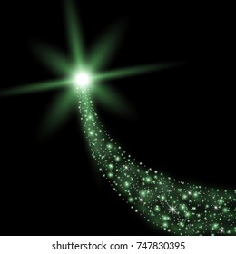 Glittering flying comet with star dust, glowing comet on black background, green color