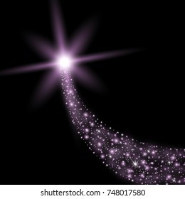 Glittering flying comet with star dust, glowing comet on black background, purple color