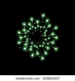 Glittering flying stars on black background, light effect, fireworks, green color