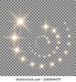 Glittering flying stars with star dust, glowing stars on transparent background, light effect, golden color