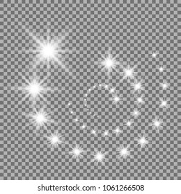 Glittering flying stars with star dust, glowing stars on transparent background, light effect, white color