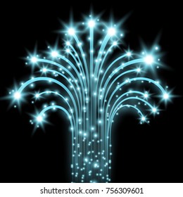 Glittering flying stars with star dust, glowing stars on black background, light effect, aqua color