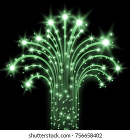 Glittering flying stars with star dust, glowing stars on black background, light effect, green color