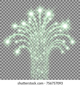 Glittering flying stars with star dust, glowing stars on transparent background, light effect, green color