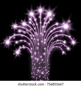 Glittering flying stars with star dust, glowing stars on black background, light effect, purple color