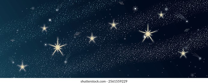 Glittering galaxy vector with vibrant stars, sparkling dust trails, and a cosmic blue backdrop. Perfect for astronomy, space, and celestial-themed designs.