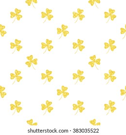 Glittering gold clover seamless pattern on white background. Seamless background for greeting card for St. Patrick's day. Recurring pattern of clove flower -  sign of the St. Patrick's day. eps