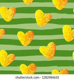 Glittering gold heart seamless pattern on striped green background. Seamless background for greeting card for St. Valentine's day. Seamless background eps