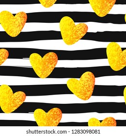 Glittering gold heart seamless pattern on striped background. Seamless background for greeting card for St. Valentine's day. Seamless background eps