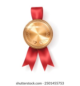 Glittering gold medal badge with red ribbon realistic vector illustration. Mockup trophy for quality contest winner 3d object on white background