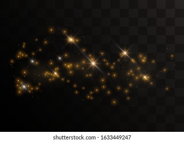 Glittering gold particles of fairy dust. Sparks glitter special light effect. Vector glitters on a black background.