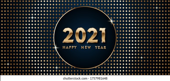 A glittering gold ring with a Golden sheen isolated on a dark background. Vector gold frame.Banner happy new year 2021, gold lettering.