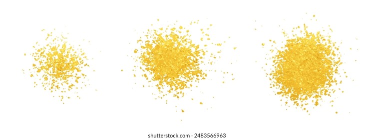 Glittering gold splatter texture. Set of vector sprayed, sprinkled specs, dust particles, tiny pieces of metal. Grainy texture round shape splashes. Abstract shiny elements isolated on transparent bg