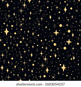 Glittering gold stars, sparks and confetti background. Festive seamless pattern with shimmering gold particles on dark background. Twinkling print for textile, packaging, design, vector graphics