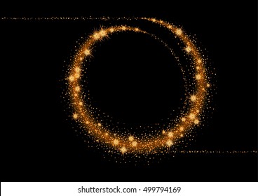 Glittering gold stars and trail of sparkling particles. Illustration with glitter wave and shining gold stars and gold glittering and sparkling dust. Illustration of gold sparkling circle.