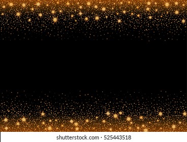 Glittering gold stars and trail of sparkling particles. Illustration with glitter top and bottom part and shining gold stars and gold glittering and sparkling dust.