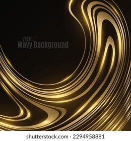 Glittering golden flowing wavy stripes on dark background. Ornate pattern for your cover or brochure design. Vector illustration. EPS 10