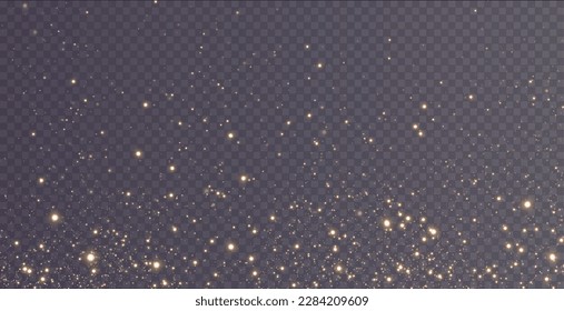 Glittering golden light dust powder. Wind of gold dust png. Design element for holiday backgrounds, cards, invitations. Advertisements for perfumes, cosmetics, gold jewelry.