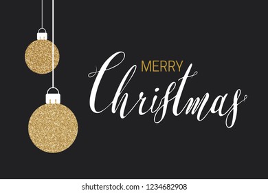 Glittering golden merry Christmas greeting card.  Elegant gold text. Flat design with Christmas balls. Holiday banner, background, template, invitation. Vector illustration.