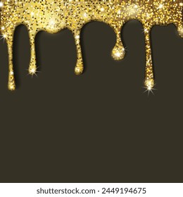 Glittering golden paint drips on dark background